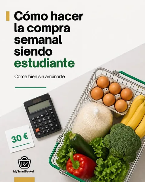 Cómo hacer la compra semanal siendo estudiante: una cesta con huevos, arroz, verdura y fruta junto a una calculadora